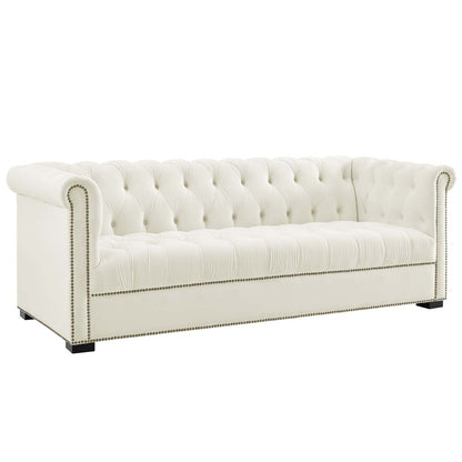 Heritage Upholstered Velvet Sofa, Velvet Fabric, Ivory White 14125