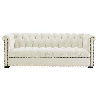 Heritage Upholstered Velvet Sofa, Velvet Fabric, Ivory White 14125