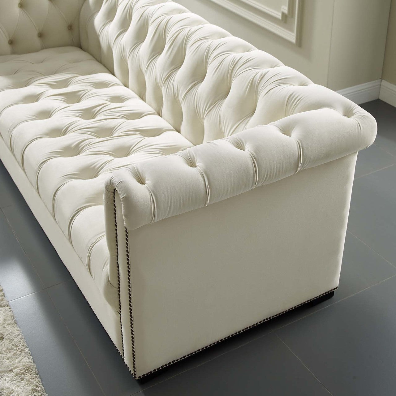 Heritage Upholstered Velvet Sofa, Velvet Fabric, Ivory White 14125