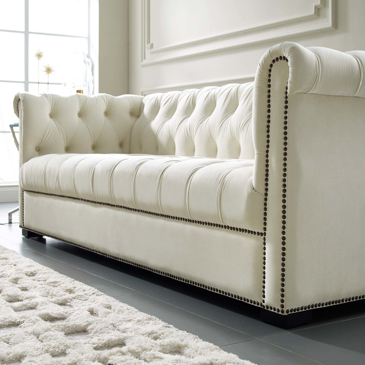 Heritage Upholstered Velvet Sofa, Velvet Fabric, Ivory White 14125