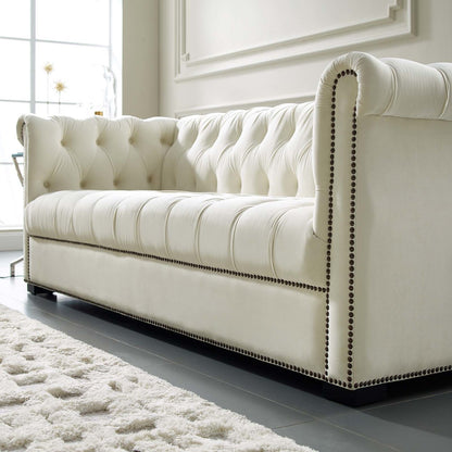 Heritage Upholstered Velvet Sofa, Velvet Fabric, Ivory White 14125