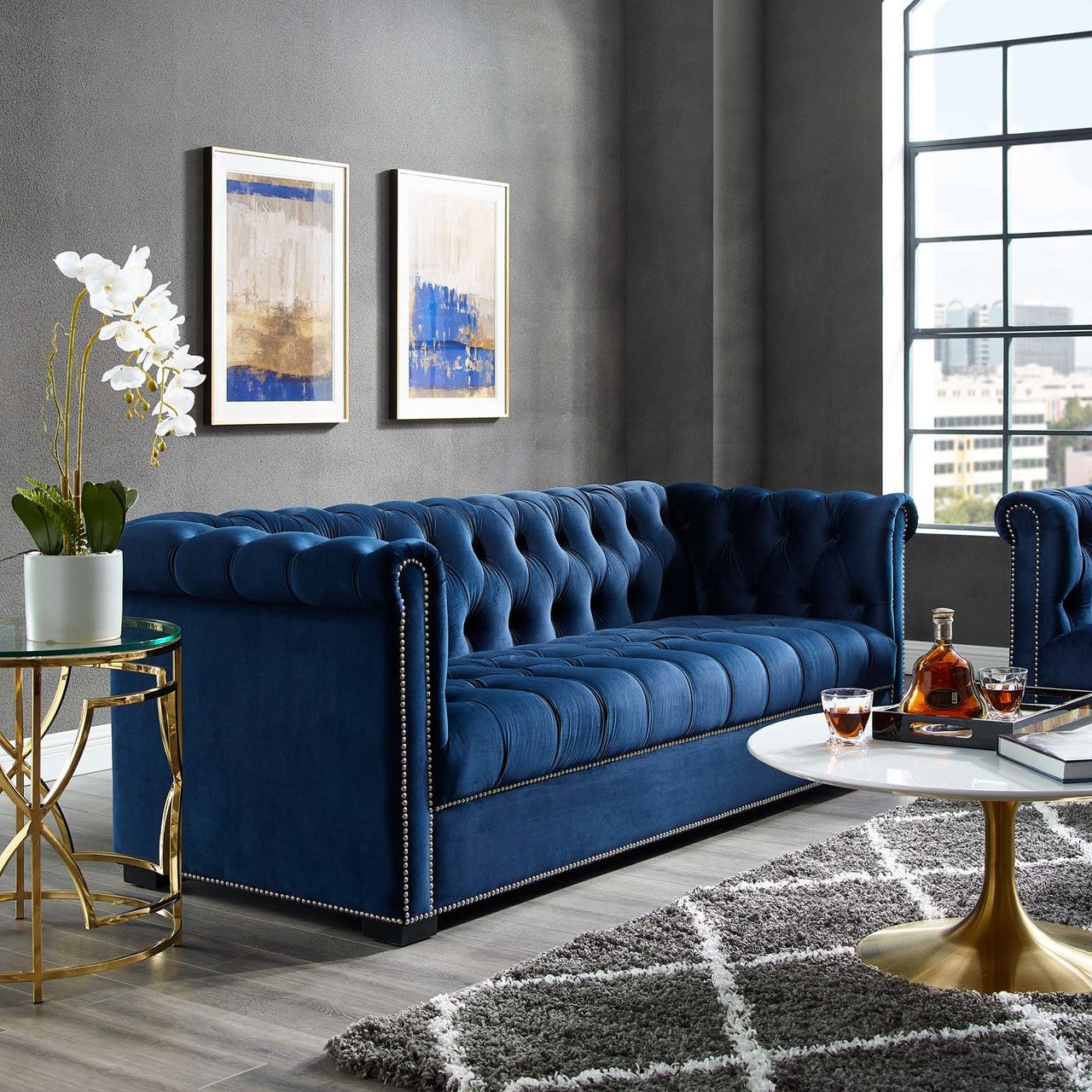 Heritage Upholstered Velvet Sofa, Velvet Fabric, Navy Blue 14126