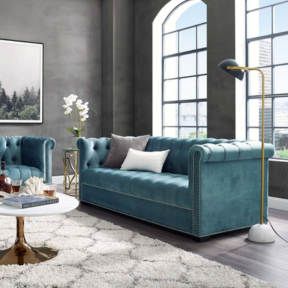 Heritage Upholstered Velvet Sofa, Velvet Fabric, Blue 14127