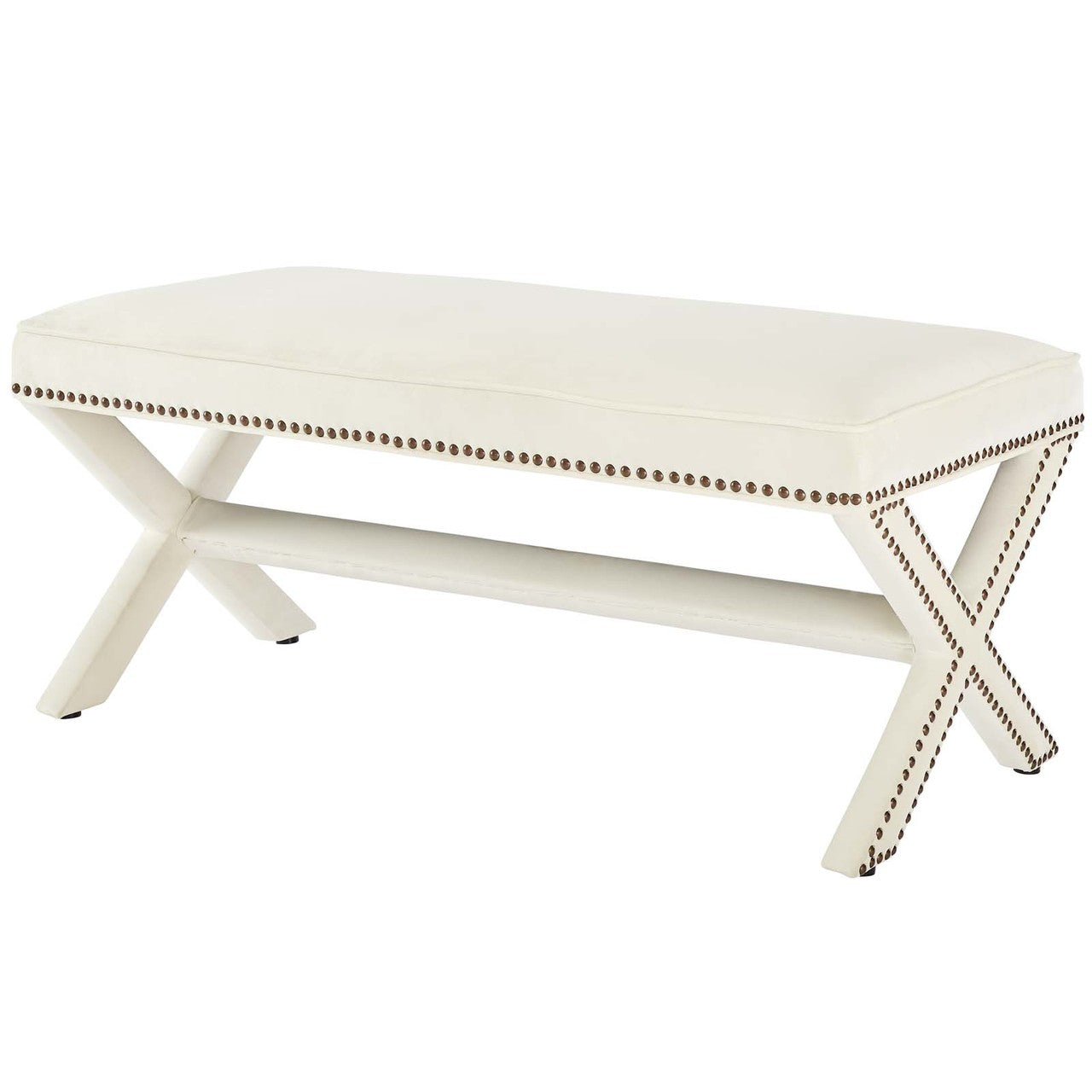 Rivet Upholstered Velvet Bench, Velvet Fabric Copper Nail Rivet, Ivory White 15194