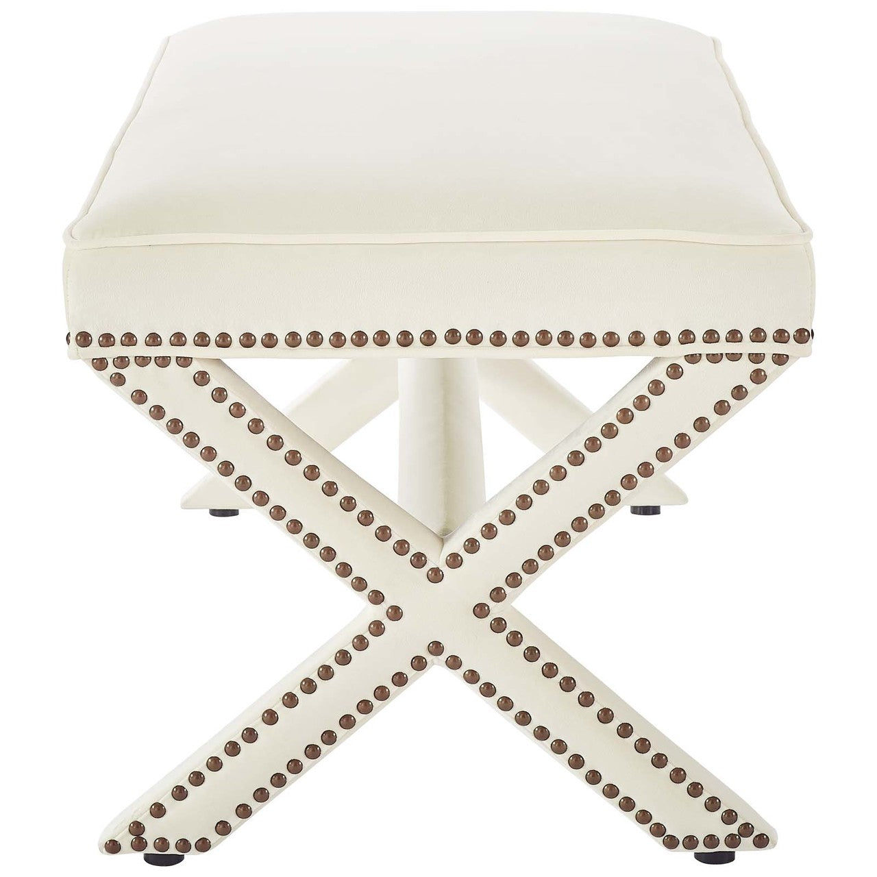 Rivet Upholstered Velvet Bench, Velvet Fabric Copper Nail Rivet, Ivory White 15194
