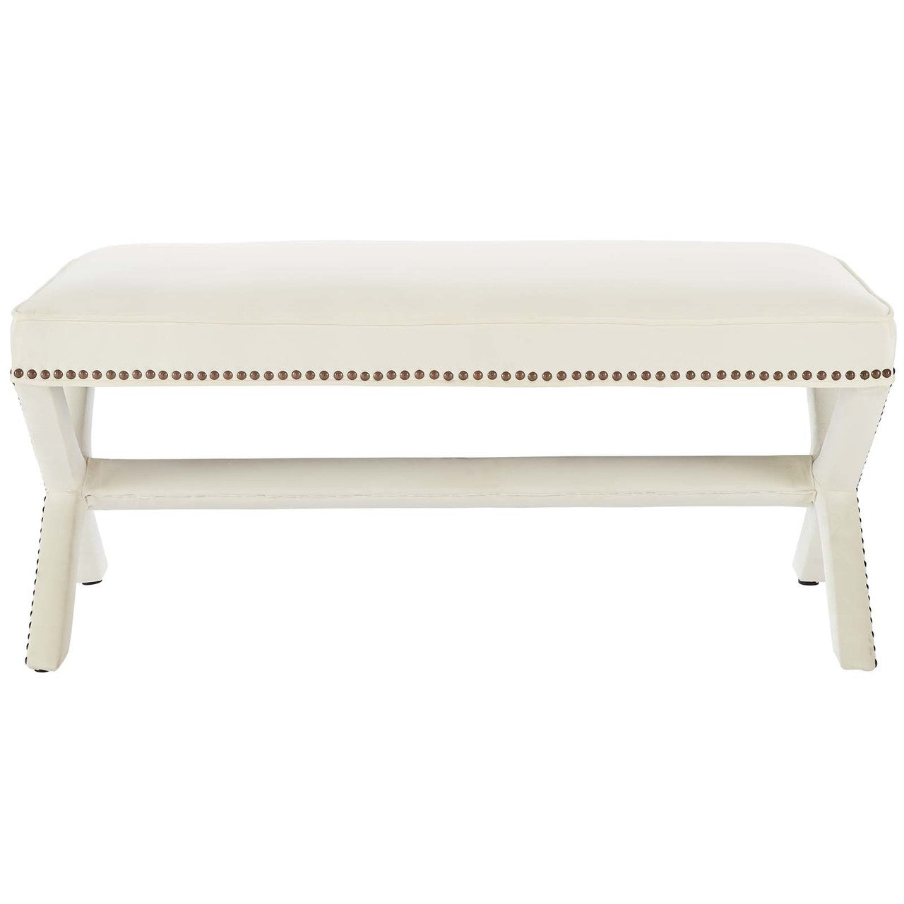 Rivet Upholstered Velvet Bench, Velvet Fabric Copper Nail Rivet, Ivory White 15194