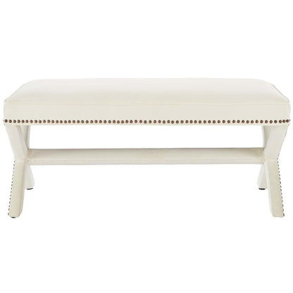 Rivet Upholstered Velvet Bench, Velvet Fabric Copper Nail Rivet, Ivory White 15194