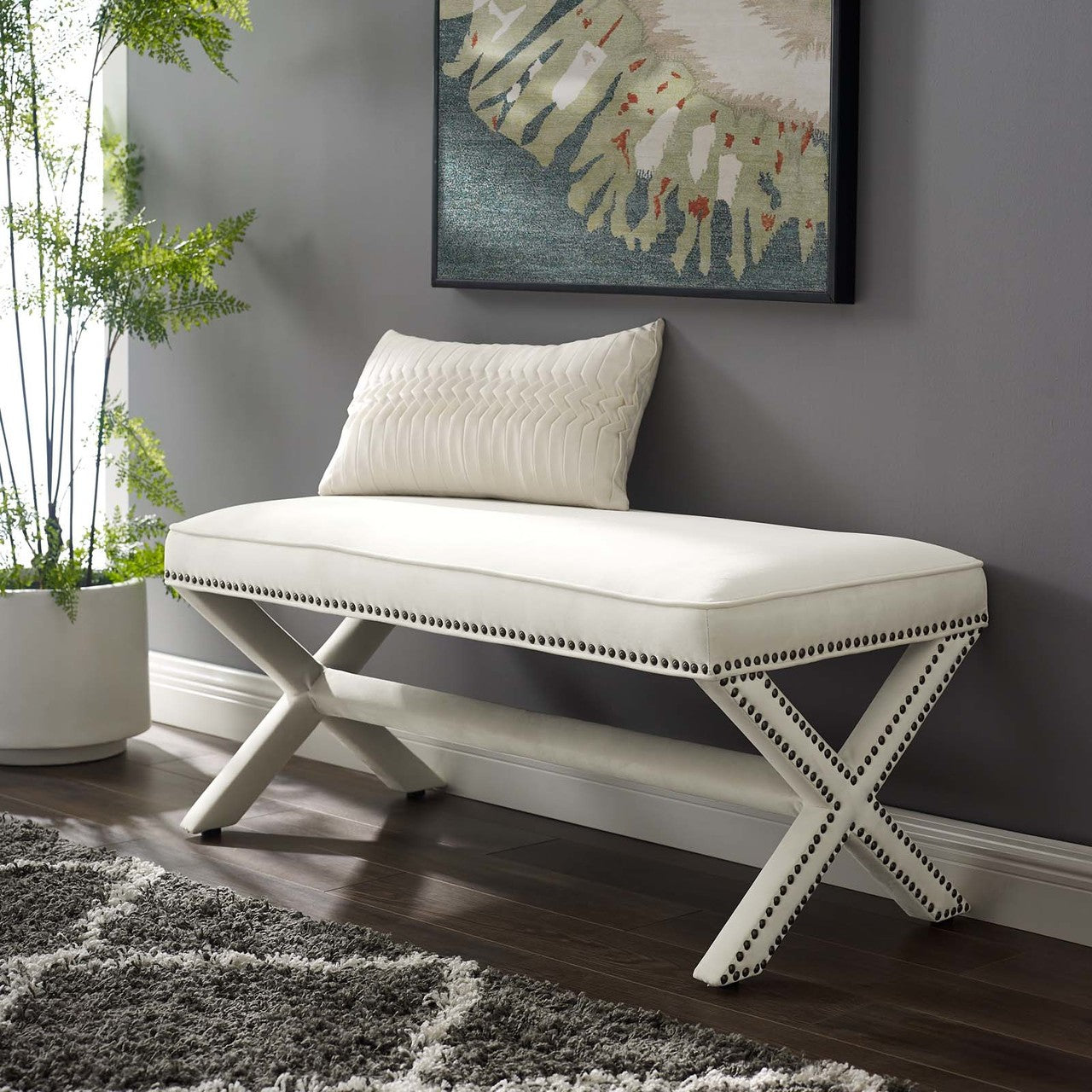 Rivet Upholstered Velvet Bench, Velvet Fabric Copper Nail Rivet, Ivory White 15194