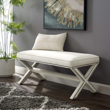 Rivet Upholstered Velvet Bench, Velvet Fabric Copper Nail Rivet, Ivory White 15194