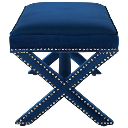 Rivet Upholstered Velvet Bench, Velvet Fabric Copper Nail Rivet, Navy Blue 15195