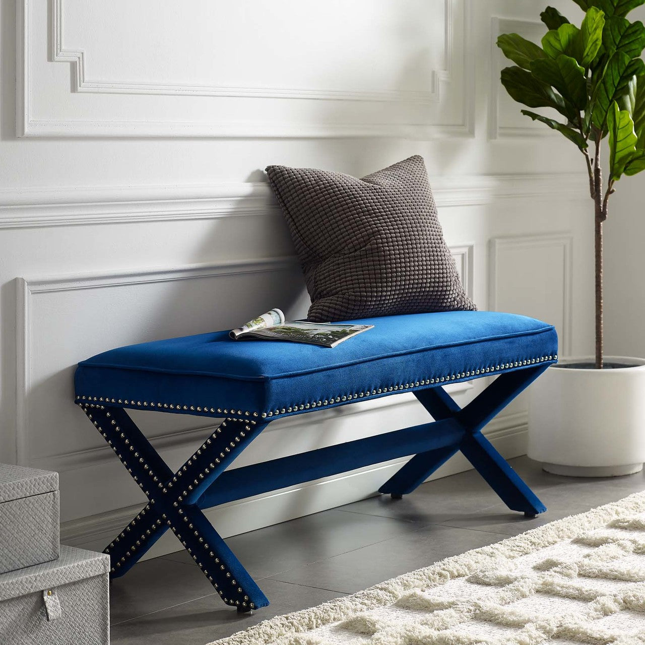 Rivet Upholstered Velvet Bench, Velvet Fabric Copper Nail Rivet, Navy Blue 15195