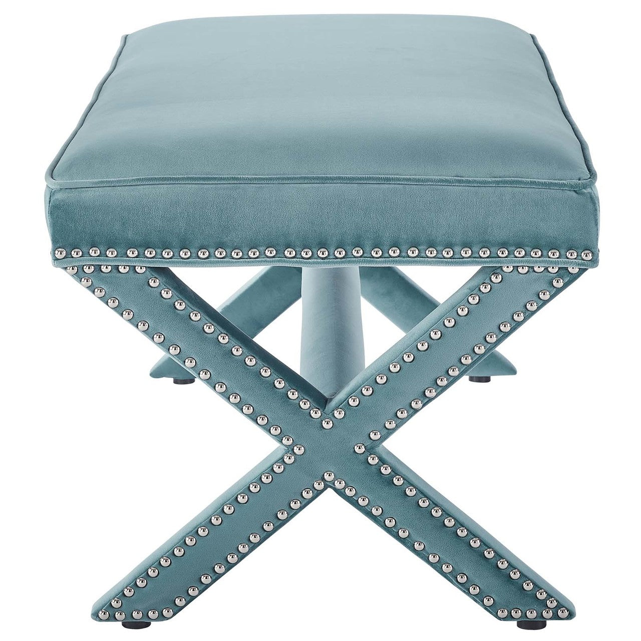 Rivet Upholstered Velvet Bench, Velvet Fabric Copper Nail Rivet, Blue 15196