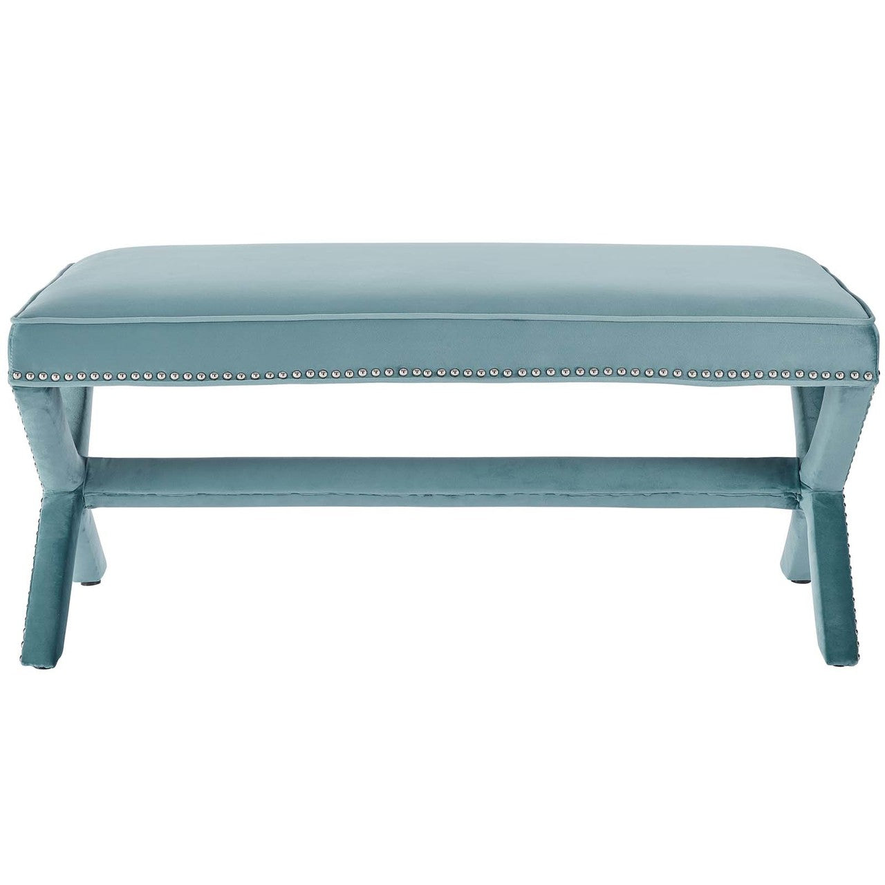 Rivet Upholstered Velvet Bench, Velvet Fabric Copper Nail Rivet, Blue 15196