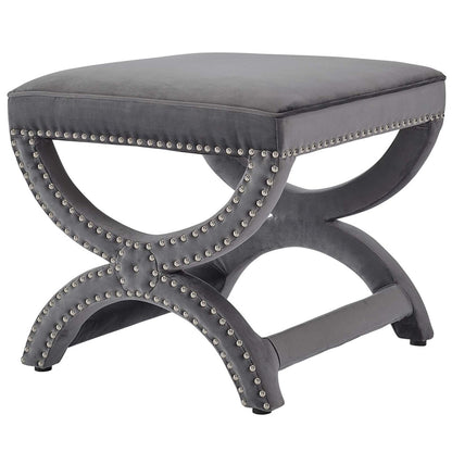 Expound Upholstered Nailhead Trim Velvet Ottoman, Velvet Fabric Copper Nail Rivet, Grey Gray 15197