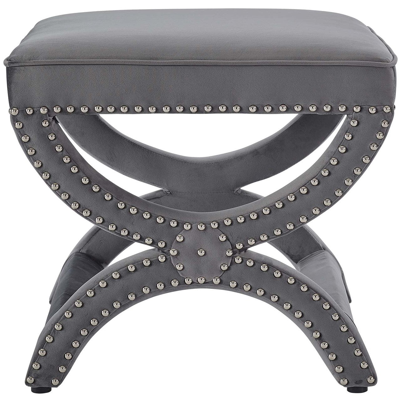 Expound Upholstered Nailhead Trim Velvet Ottoman, Velvet Fabric Copper Nail Rivet, Grey Gray 15197