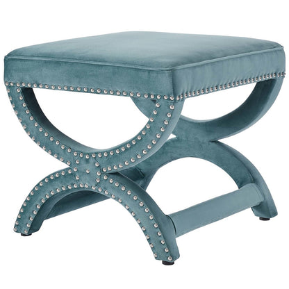 Expound Upholstered Nailhead Trim Velvet Ottoman, Velvet Fabric Copper Nail Rivet, Blue 15200