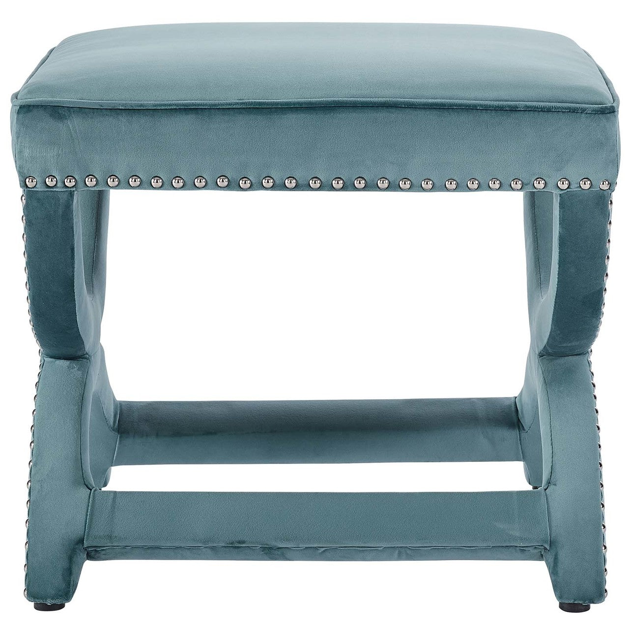 Expound Upholstered Nailhead Trim Velvet Ottoman, Velvet Fabric Copper Nail Rivet, Blue 15200