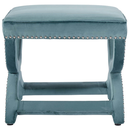 Expound Upholstered Nailhead Trim Velvet Ottoman, Velvet Fabric Copper Nail Rivet, Blue 15200