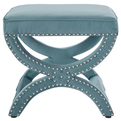 Expound Upholstered Nailhead Trim Velvet Ottoman, Velvet Fabric Copper Nail Rivet, Blue 15200