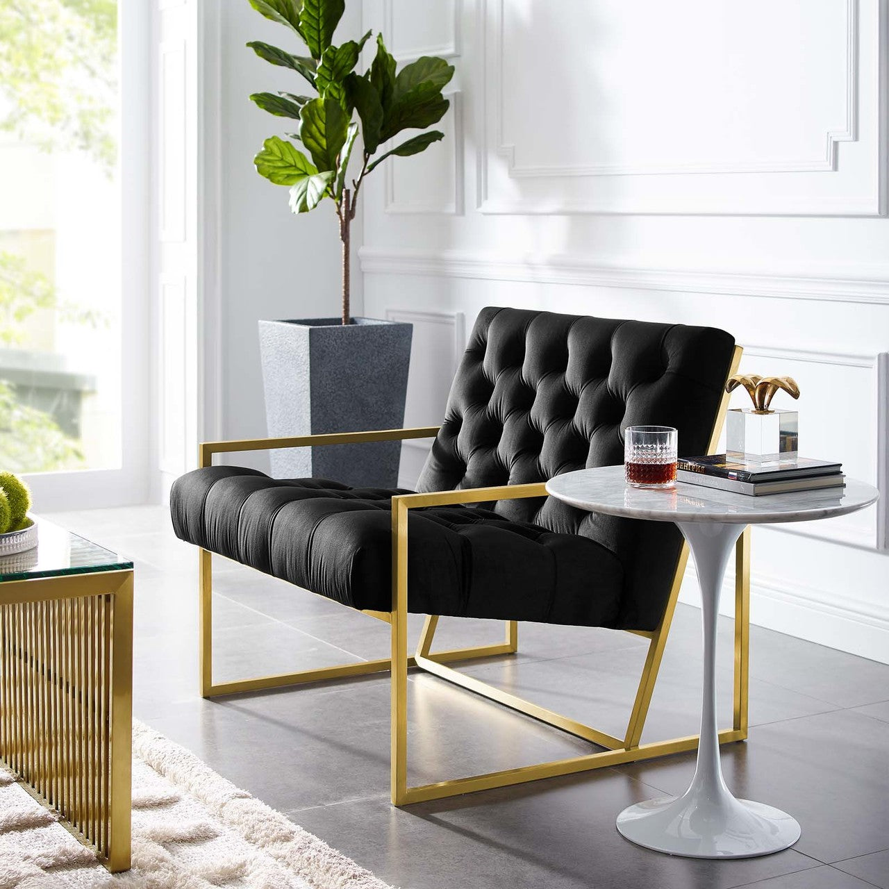 Bequest Gold Stainless Steel Upholstered Velvet Accent Chair, Velvet Fabric, Black 14139