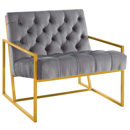 Bequest Gold Stainless Steel Upholstered Velvet Accent Chair, Velvet Fabric, Grey Gray 14140
