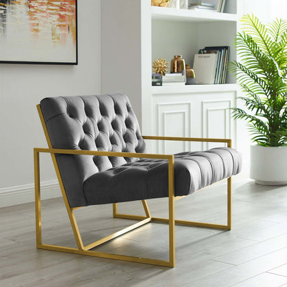 Bequest Gold Stainless Steel Upholstered Velvet Accent Chair, Velvet Fabric, Grey Gray 14140
