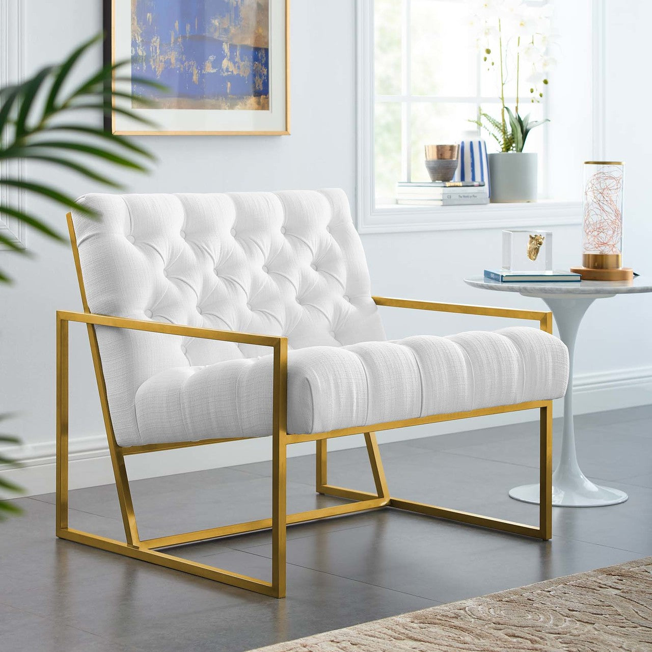Bequest Gold Stainless Steel Upholstered Fabric Accent Chair, Velvet Fabric, White 14144
