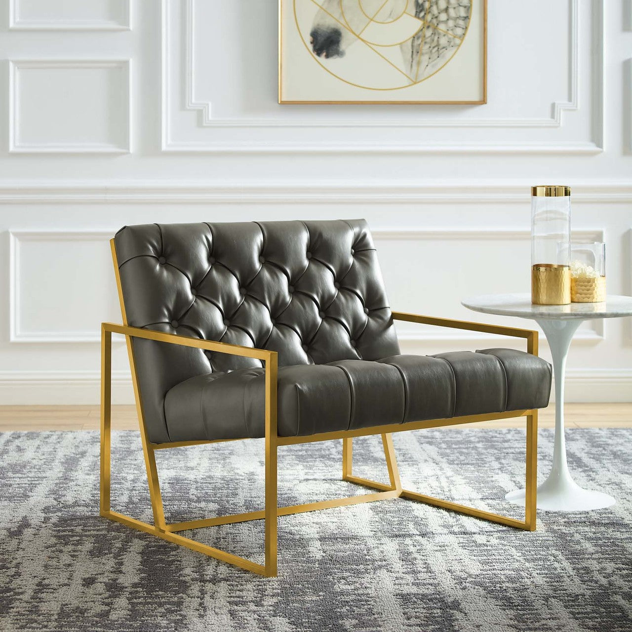 Bequest Antique Gold Stainless Steel Faux Leather Accent Chair, Faux Vinyl Leather, Grey Gray 14145