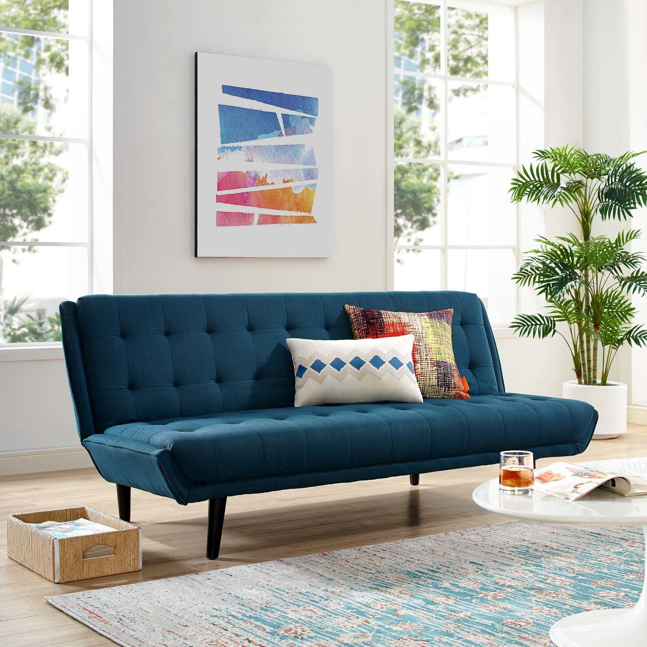 Glance Tufted Convertible Fabric Sofa Bed, Fabric, Navy Blue 15045
