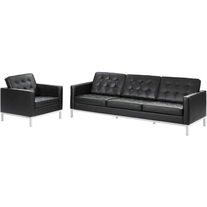 Loft 2 Piece Leather Sofa and Armchair Set, Genuine Leather, Black 14167
