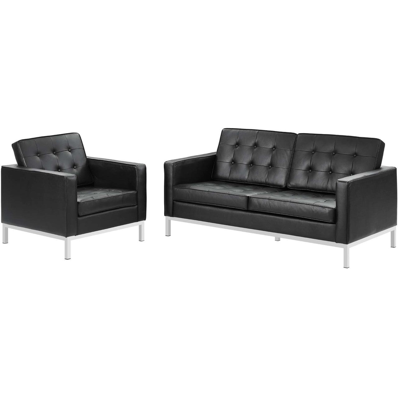 Loft 2 Piece Leather Loveseat and Armchair Set, Genuine Leather, Black 14169