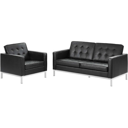 Loft 2 Piece Leather Loveseat and Armchair Set, Genuine Leather, Black 14169