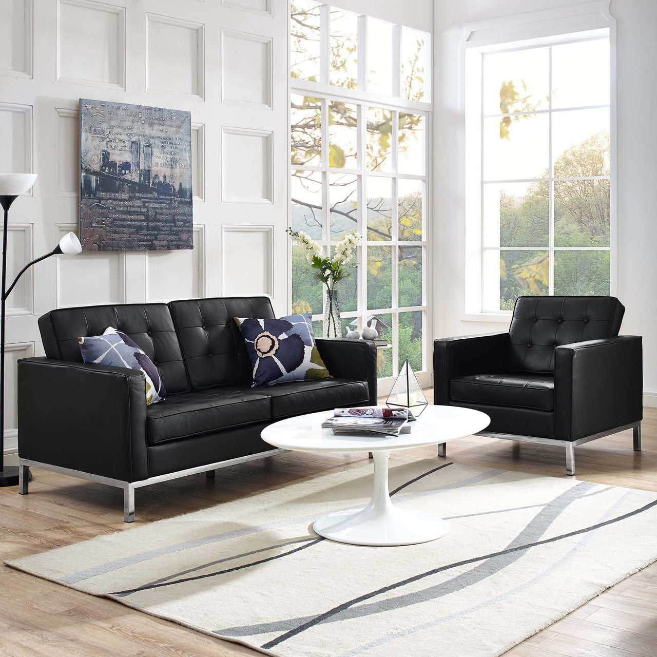 Loft 2 Piece Leather Loveseat and Armchair Set, Genuine Leather, Black 14169