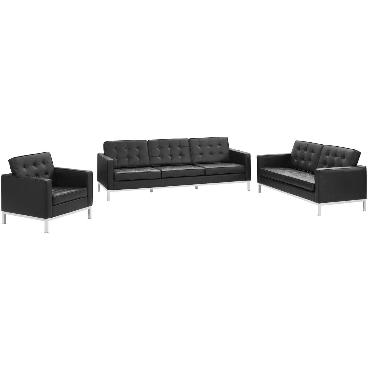 Loft 3 Piece Leather Sofa Loveseat and Armchair Set, Genuine Leather, Black 14171