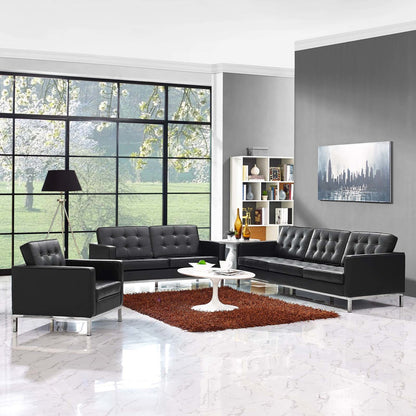 Loft 3 Piece Leather Sofa Loveseat and Armchair Set, Genuine Leather, Black 14171