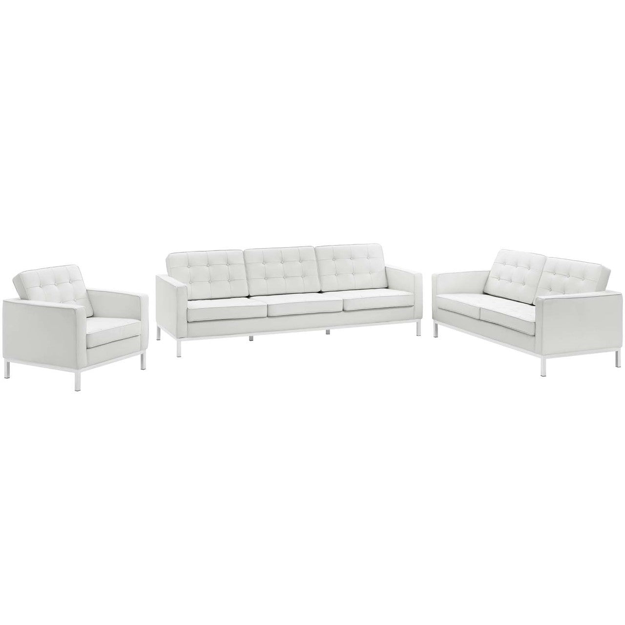 Loft 3 Piece Leather Sofa Loveseat and Armchair Set, Genuine Leather, White 14172