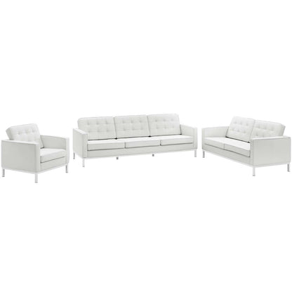 Loft 3 Piece Leather Sofa Loveseat and Armchair Set, Genuine Leather, White 14172
