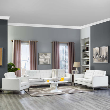 Loft 3 Piece Leather Sofa Loveseat and Armchair Set, Genuine Leather, White 14172