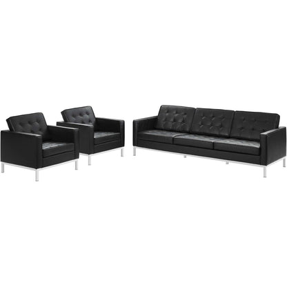 Loft 3 Piece Leather Sofa and Armchair Set, Genuine Leather, Black 14173