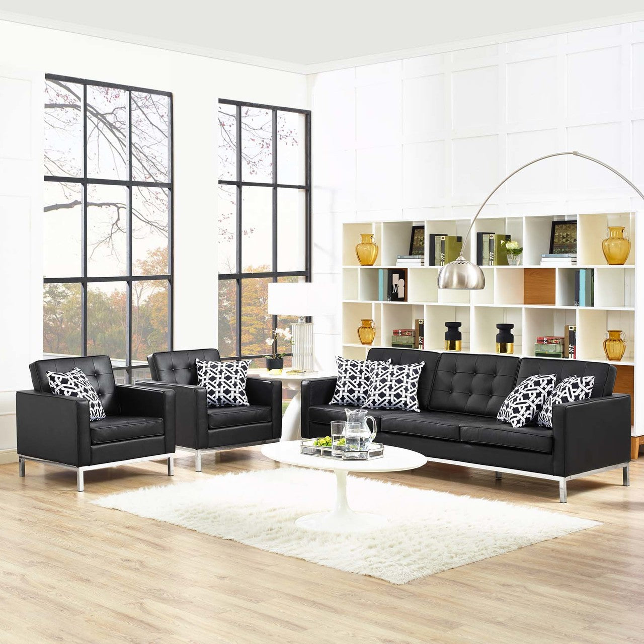 Loft 3 Piece Leather Sofa and Armchair Set, Genuine Leather, Black 14173