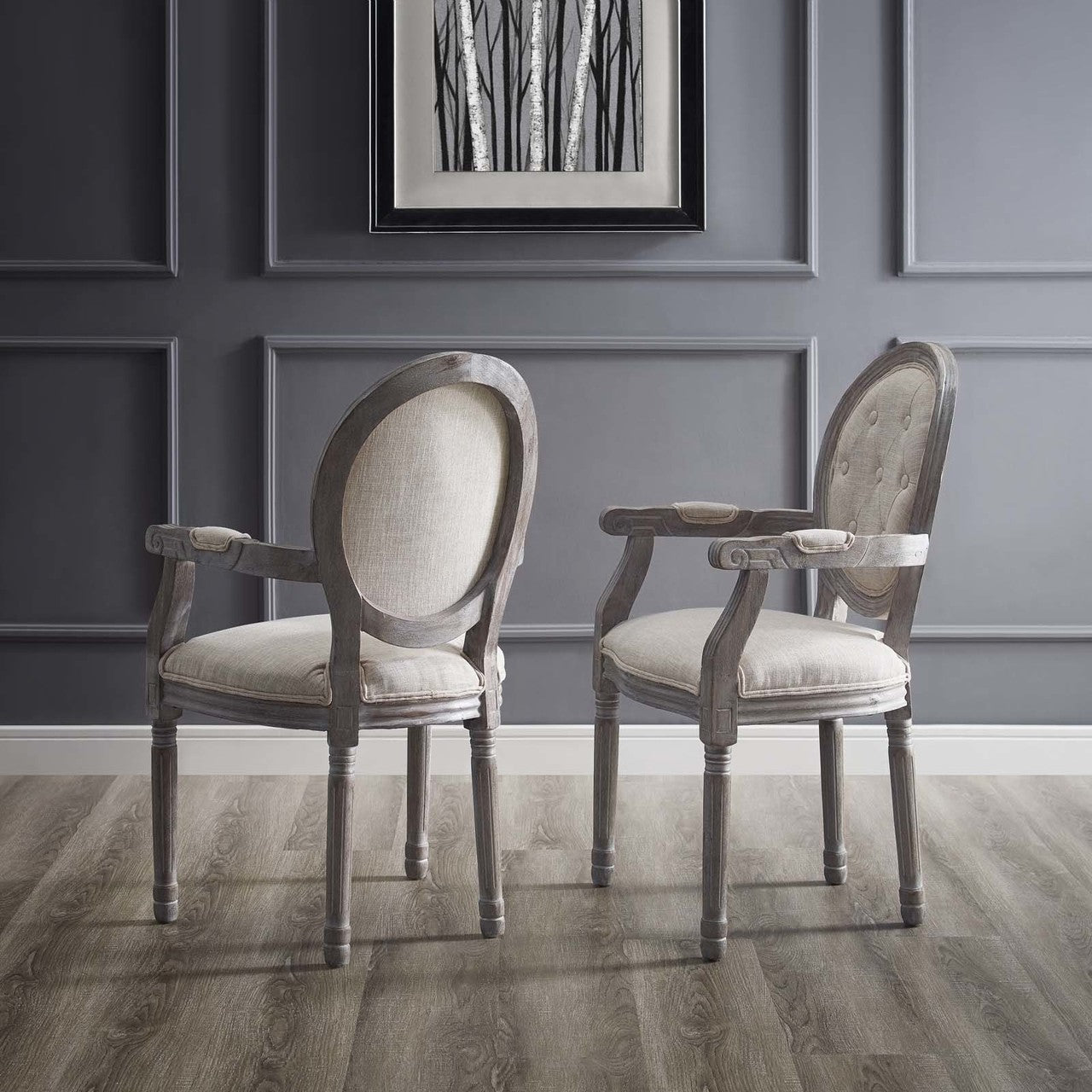 Arise Vintage French Upholstered Fabric Dining Armchair Set of 2, Fabric Wood, Beige 14180