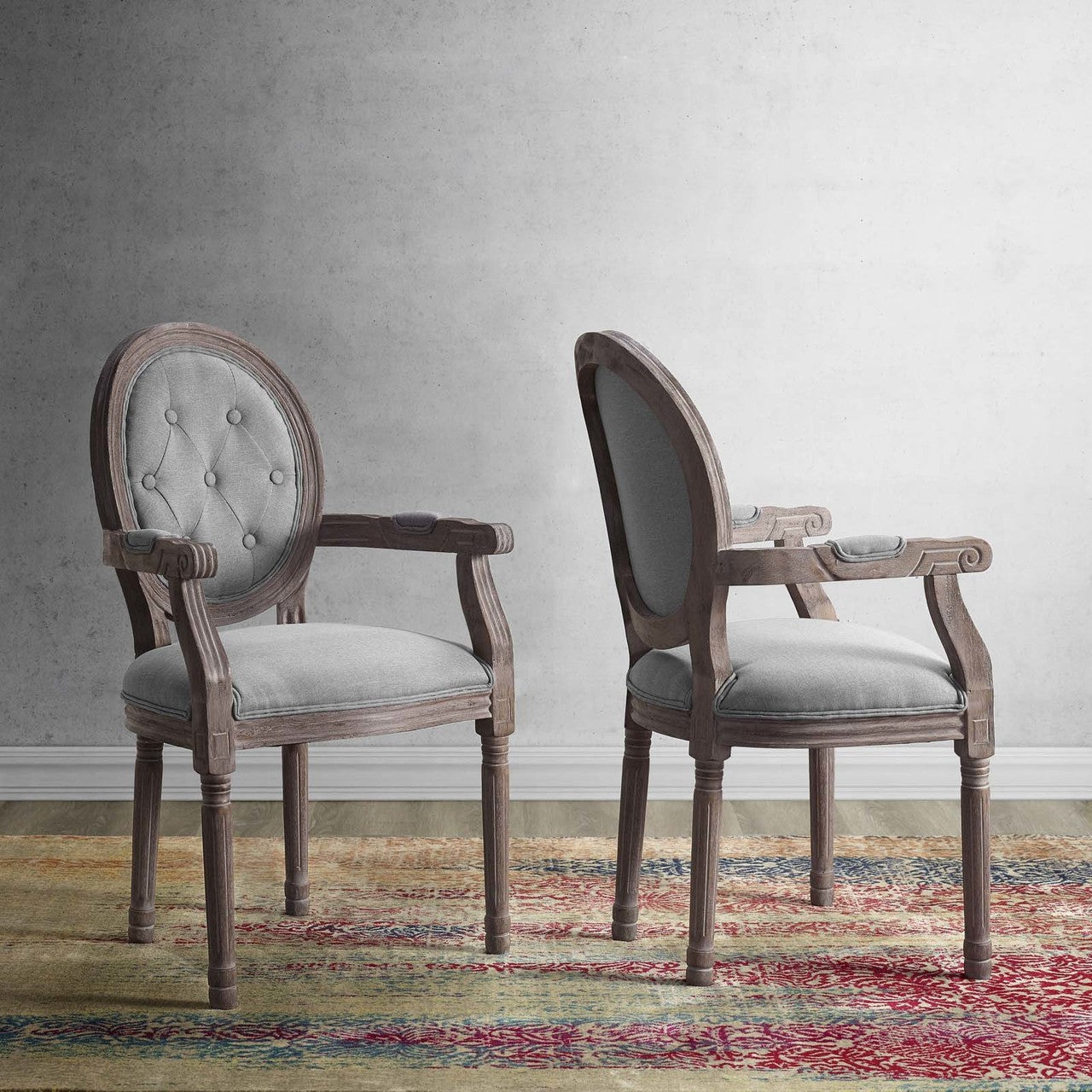 Arise Vintage French Upholstered Fabric Dining Armchair Set of 2, Fabric Wood, Light Grey Gray 14181