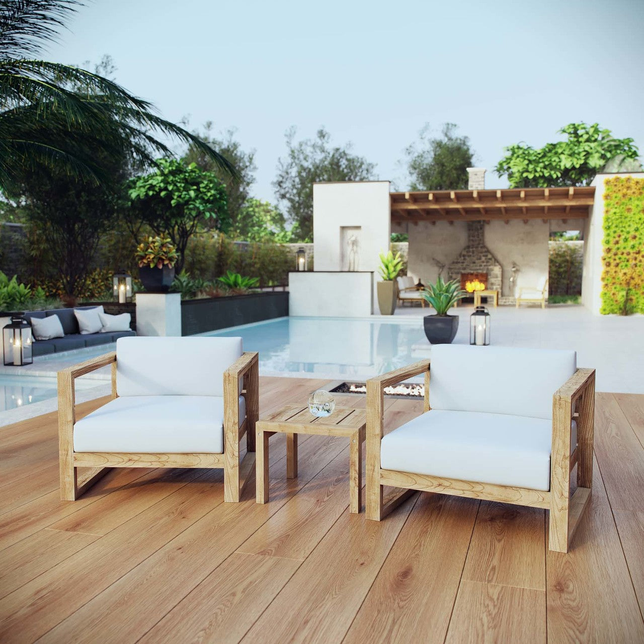 Upland 3 Piece Outdoor Patio Teak Set, Wood, White Natural 14194
