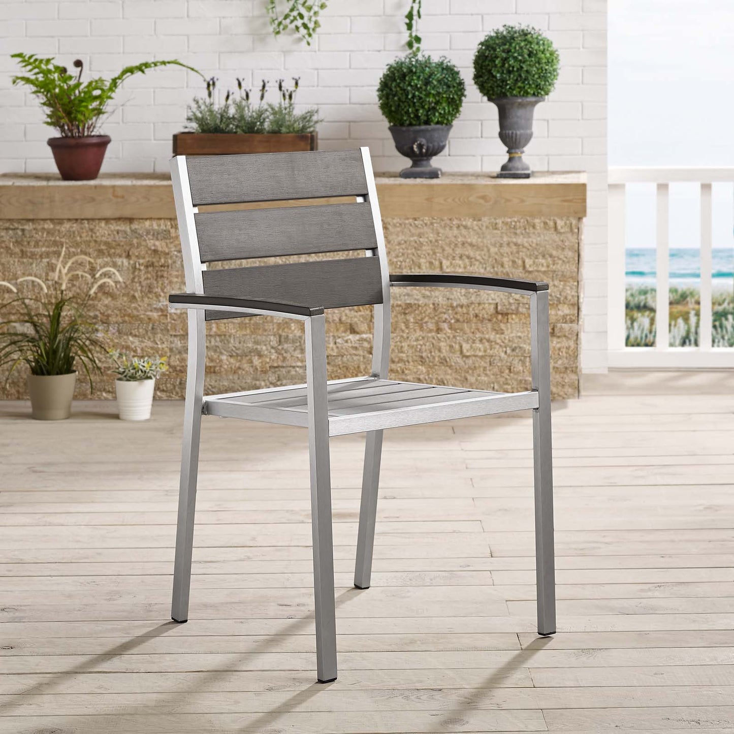 Shore Outdoor Patio Aluminum Dining Armchair, Fabric Aluminum, Grey Gray Silver, 17270