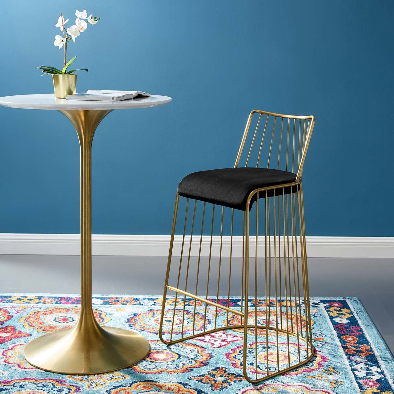 Rivulet Gold Stainless Steel Upholstered Velvet Bar Stool, Velvet Fabric Metal Steel, Gold Black 15201