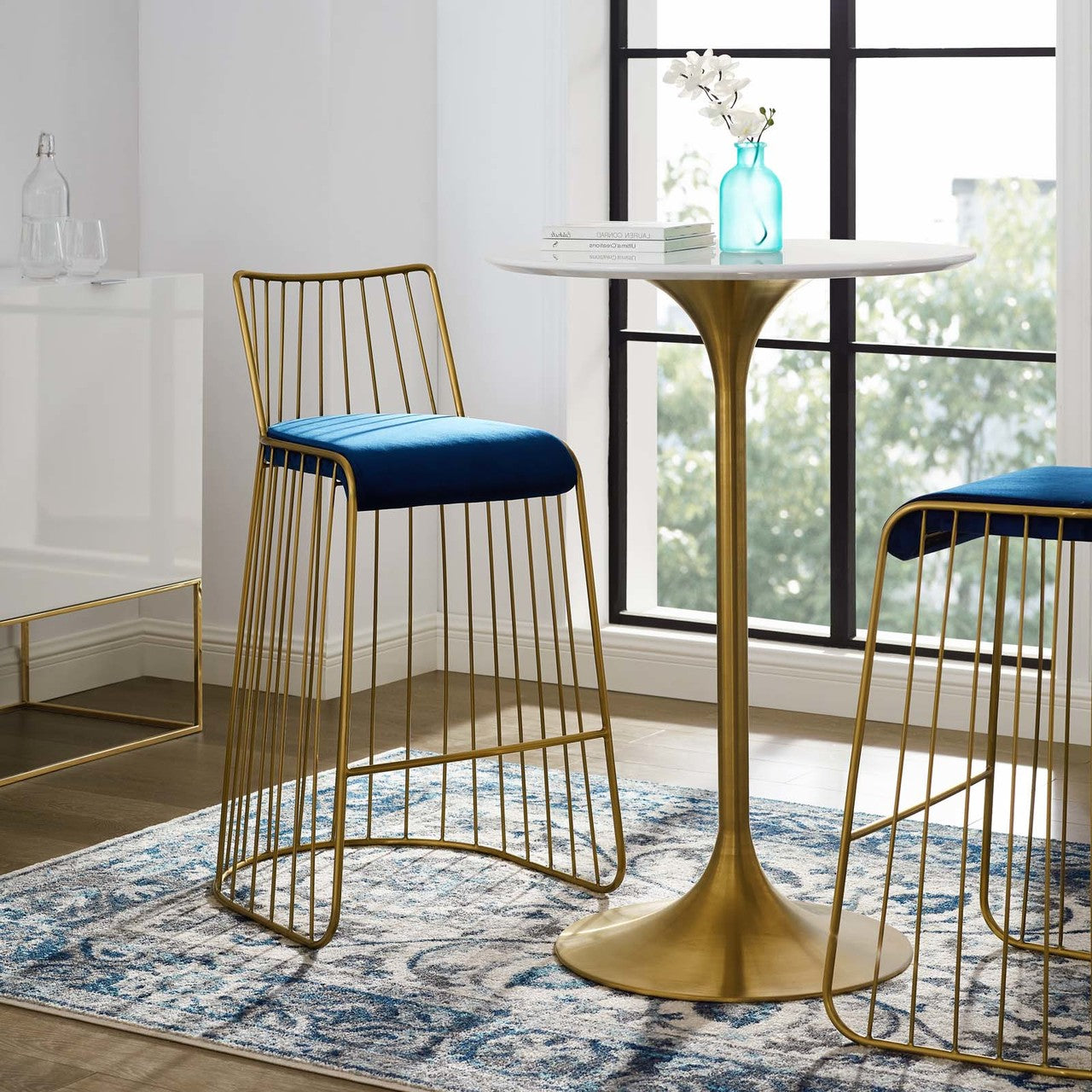 Rivulet Gold Stainless Steel Upholstered Velvet Bar Stool, Velvet Fabric Metal Steel, Gold Navy 15202