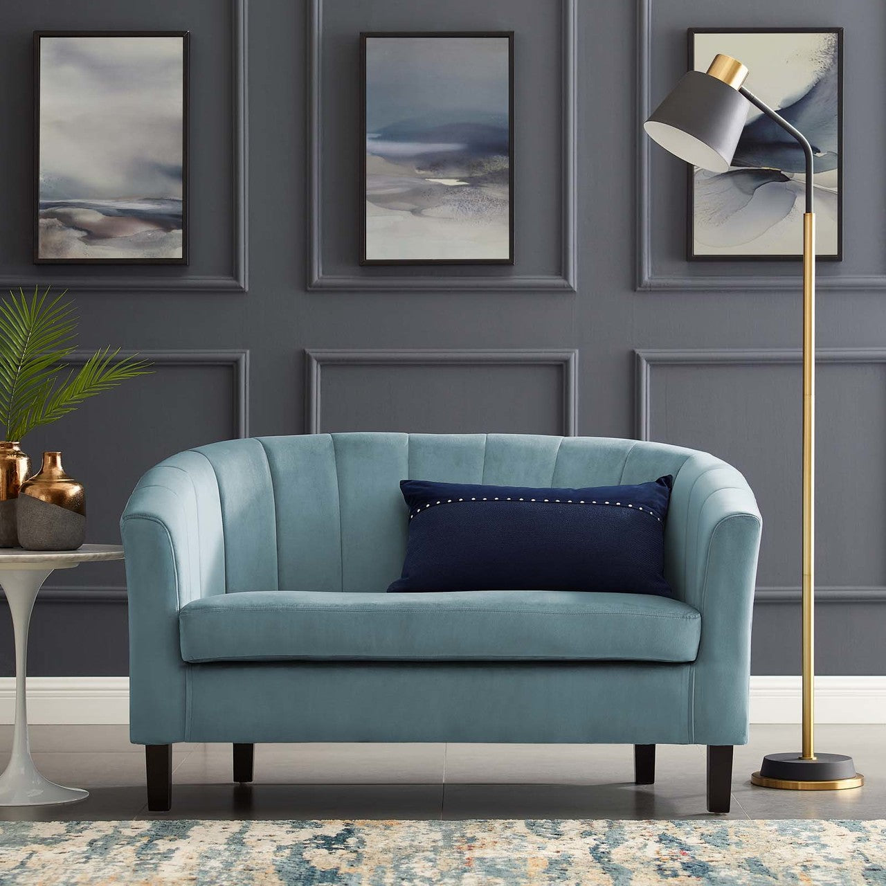 Prospect Channel Tufted Upholstered Velvet Loveseat, Velvet Fabric, Light Blue 15051
