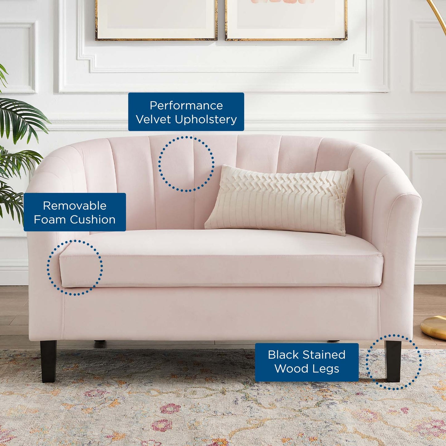 Prospect Channel Tufted Performance Velvet Loveseat, Velvet, Pink, 18153