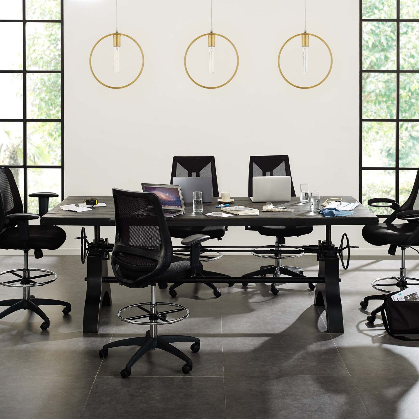 Genuine 96" Crank Height Adjustable Rectangle Dining and Conference Table, Wood Metal Steel, Black, 17282