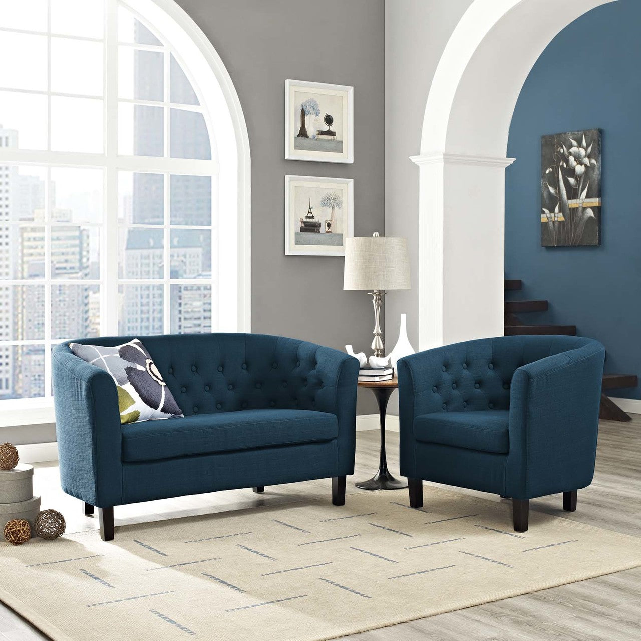 Prospect 2 Piece Upholstered Fabric Loveseat and Armchair Set, Fabric, Navy Blue 14195